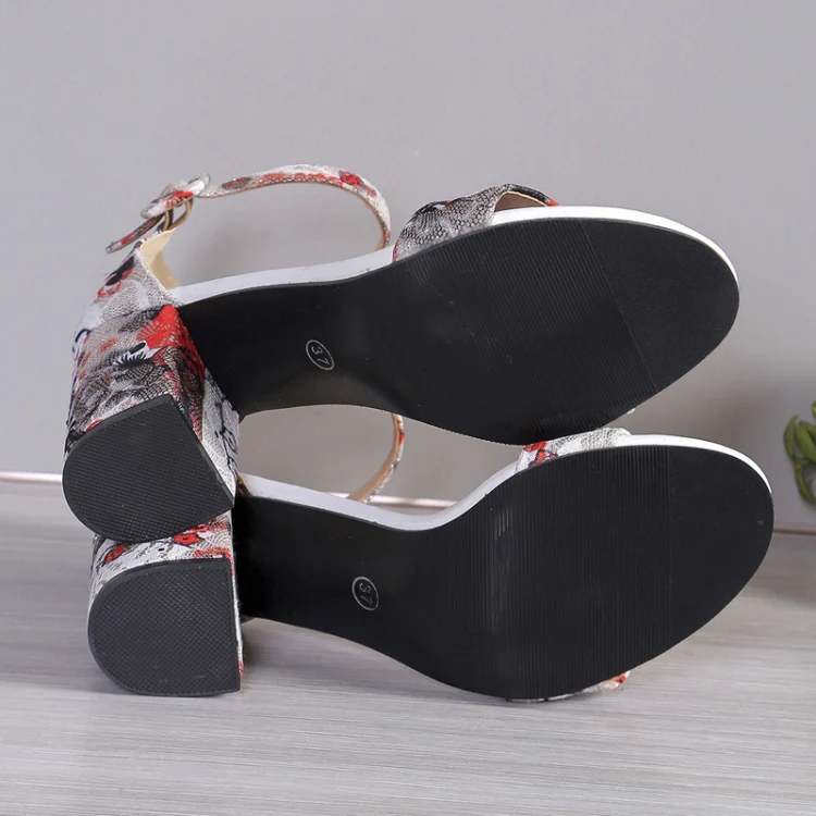 Women Summer Roman Sandals Thick Bottom Slope Heel Printed Buckle High Heels Sandals, Size: 38(Black) - Image 3