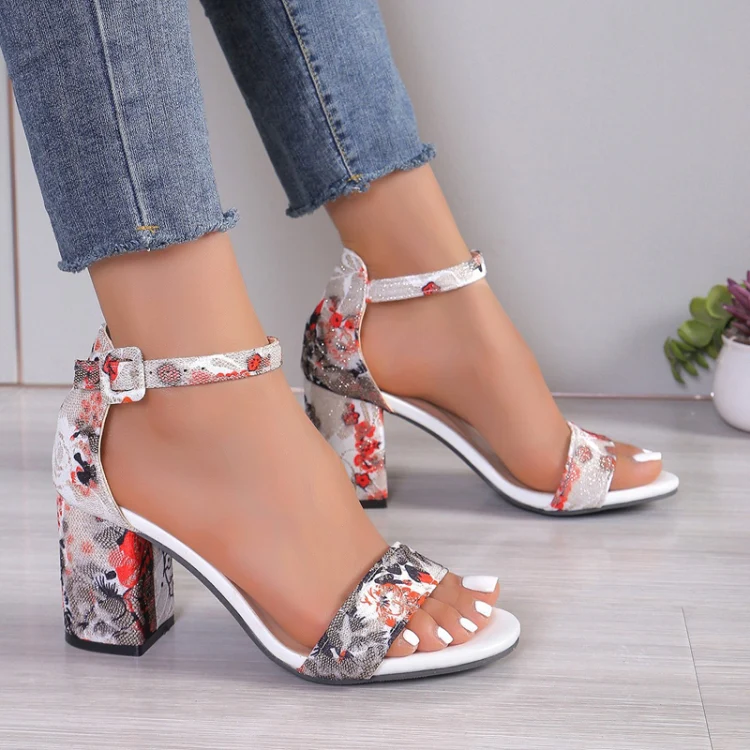 Women Summer Roman Sandals Thick Bottom Slope Heel Printed Buckle High Heels Sandals, Size: 38(Red) - Image 6