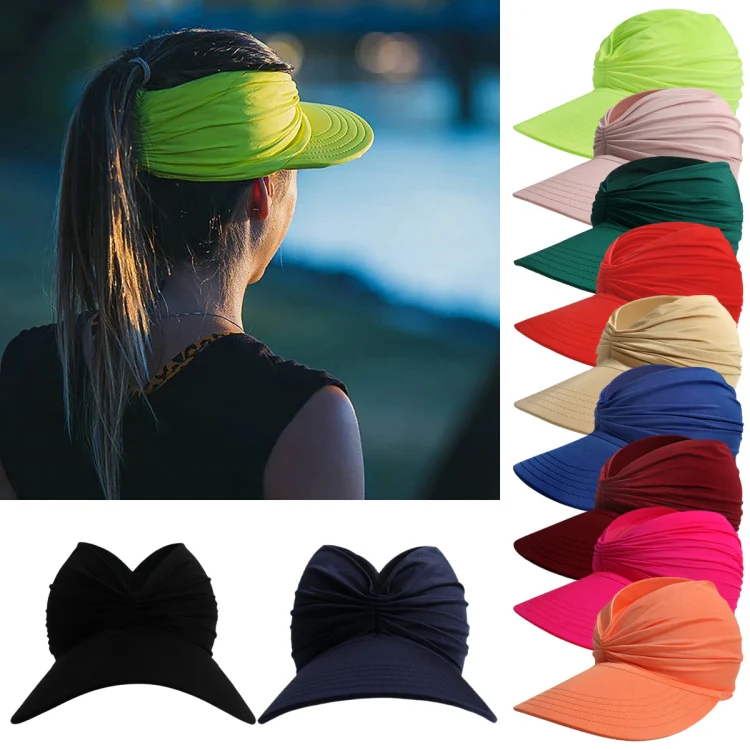 Women Visor Sun Protection Cap Elastic Hollow Large Brim Hat(Leather Pink) - Image 2
