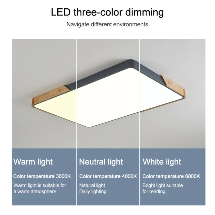 Wood Macaron LED Rectangle Ceiling Lamp, 3-Colors Light, Size:110x70cm(Gold) - Image 6