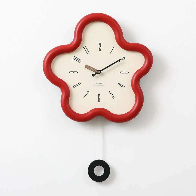 wozoom Flower Shaped Wall Clock Silent Creamy Style Decorative Clock, Spec: Swing Red