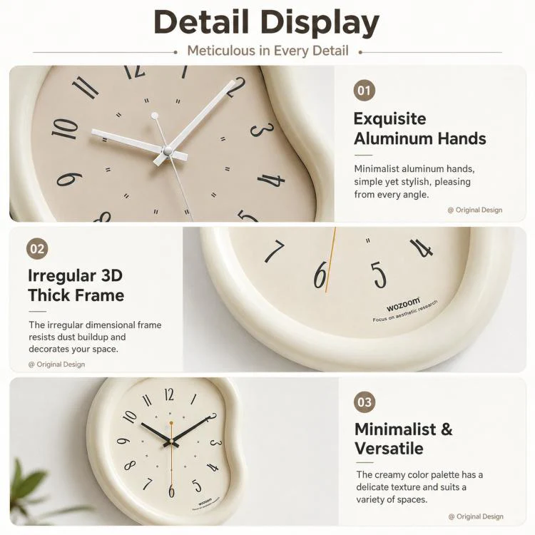 wozoom Living Room Modern Art Wall Clock Minimalist Cream Style Silent Decorative Clock, 尺寸: Dust-proof Black - Image 7