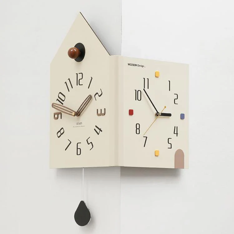 wozoom Modern Corner Double Sided Wall Clock Silent House Shaped Decorative Clock, Spec: Cream White Large