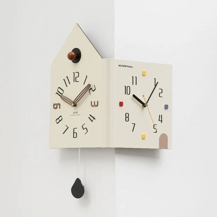 wozoom Modern Corner Double Sided Wall Clock Silent House Shaped Decorative Clock, Spec: Cream White Medium