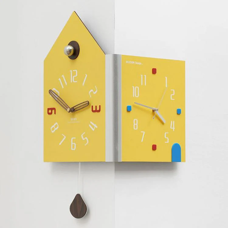 wozoom Modern Corner Double Sided Wall Clock Silent House Shaped Decorative Clock, Spec: Yellow Large