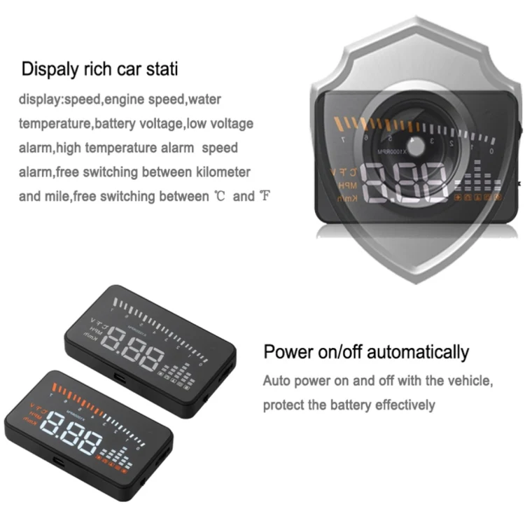 X5 HUD 3 inch Universal Multi Car Head Up Display with OBDII EOBD System, Light Sensors, Rotation Speed, Rotation Speed Unit, Unit Mark, Voltage, Water Temperature, Alarm mark(Black) - Image 7