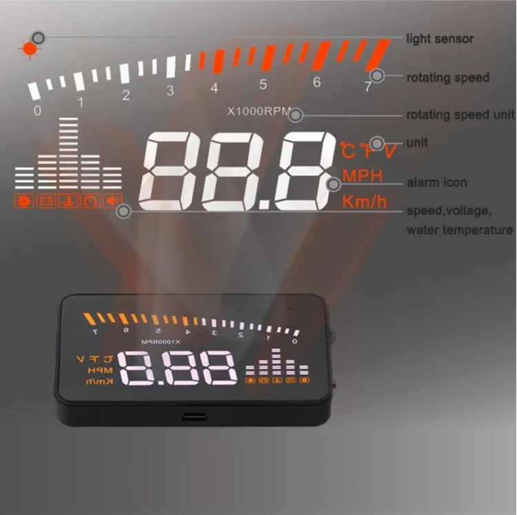 X5 HUD 3 inch Universal Multi Car Head Up Display with OBDII EOBD System, Light Sensors, Rotation Speed, Rotation Speed Unit, Unit Mark, Voltage, Water Temperature, Alarm mark(Black) - Image 9