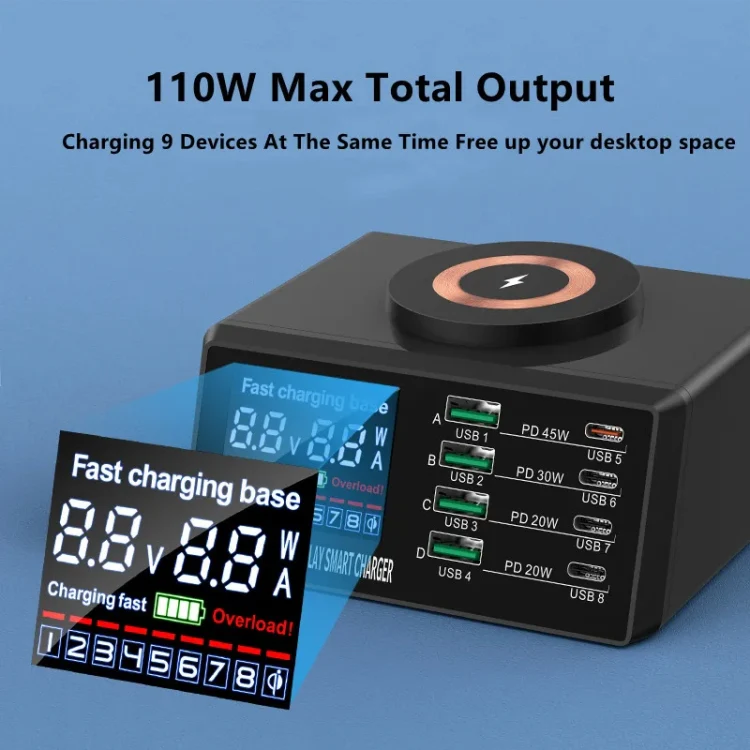 X9M 9-in-1 110W USB+PD Smart Multi-ports QI Magnetic Wireless Charger, Spec: Black US Plug - Image 4