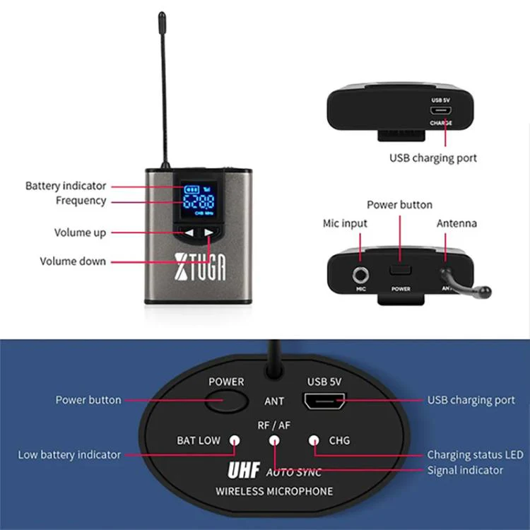 XTUGA A2 UHF Lavalier Headworn Wireless Microphone with Bodypack Transmitter(Black) - Image 5