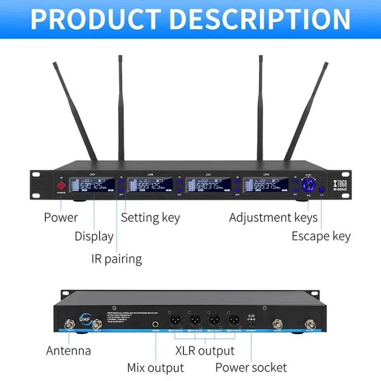 XTUGA M6604S-H Diversity Wireless Microphone System 4 Channel UHF Handheld Microphone - Image 9