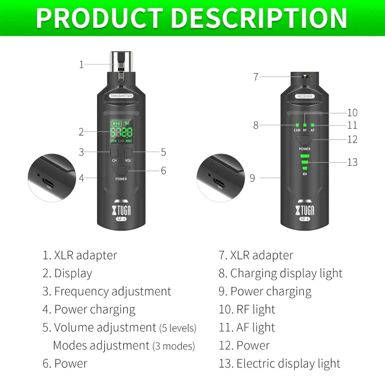 XTUGA SF-1 Wireless XLR Transmitter & Receiver UHF Wireless Adapter for Wired Mic / Guitar(Black) - Image 8