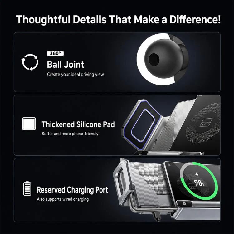 Y10 Car Adjustable Coil 15W Wireless Charger Rotating Navigation Bracket(Black) - Image 12