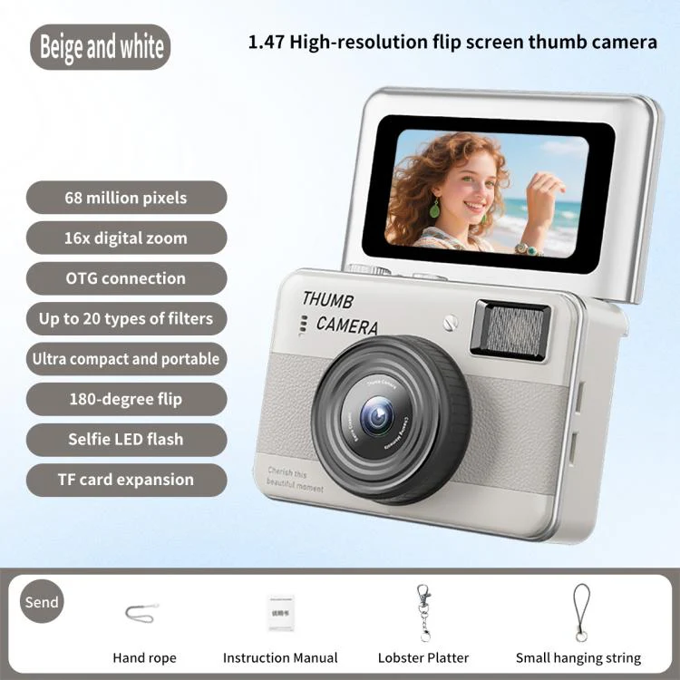 Y11 Macaron Dual-Color CCD 16X Zoom Mini Digital Camera for Kids with 180 Degree Flip Selfie Screen(Beige and White) - Image 2