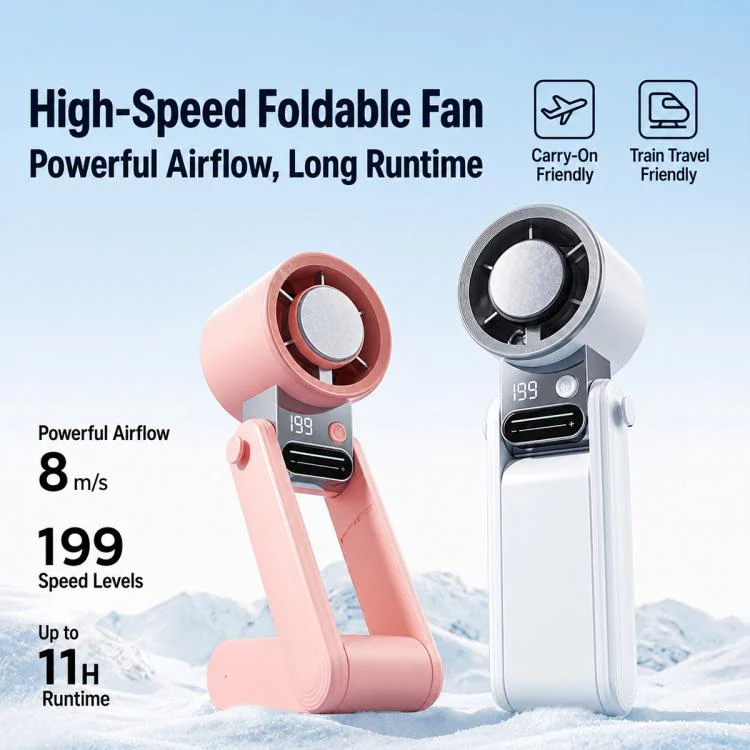 Y38 199-Level Smart Digital Display Sliding Adjustment Mini Tri-Fold Handheld Cooling Fan(Pink) - Image 3