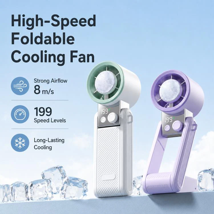Y39 199-Level Smart Digital Display Knob Adjustable Mini Tri-Fold Handheld Cooling Fan(Berry Purple) - Image 2