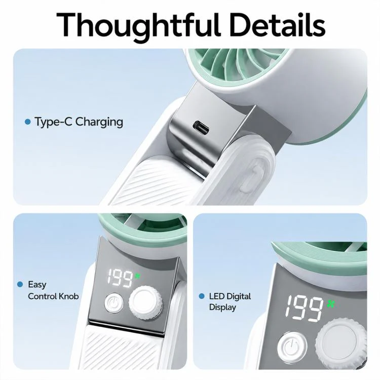 Y39 199-Level Smart Digital Display Knob Adjustable Mini Tri-Fold Handheld Cooling Fan(Berry Purple) - Image 9