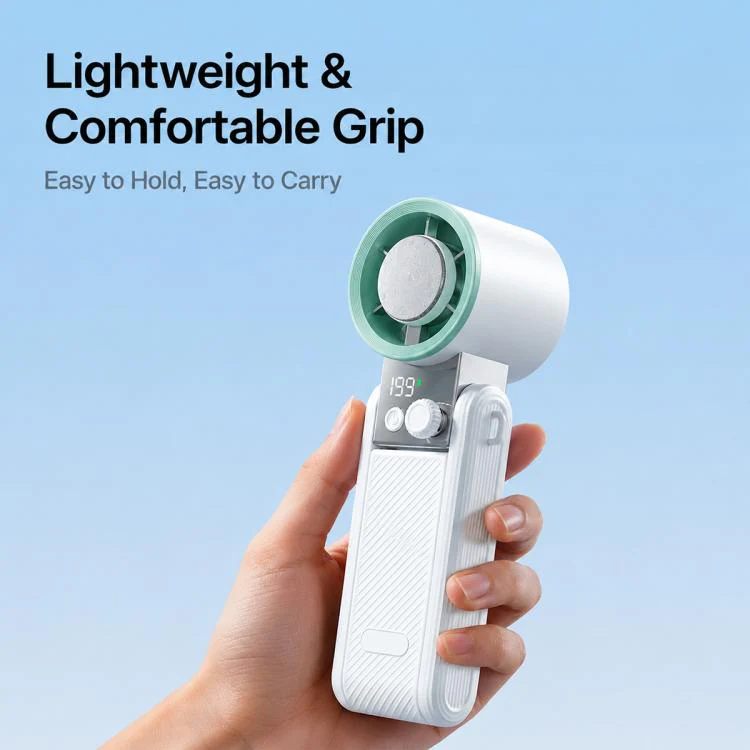 Y39 199-Level Smart Digital Display Knob Adjustable Mini Tri-Fold Handheld Cooling Fan(Green White) - Image 8