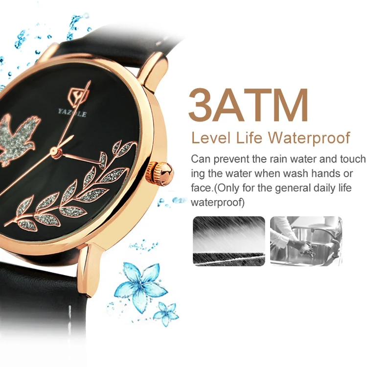 YAZOLE 360 Leather Band Dove of Peace Diamond Lady Watch(Black+Brown) - Image 3