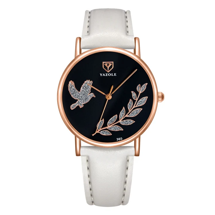 YAZOLE 360 Leather Band Dove of Peace Diamond Lady Watch(Black+White)