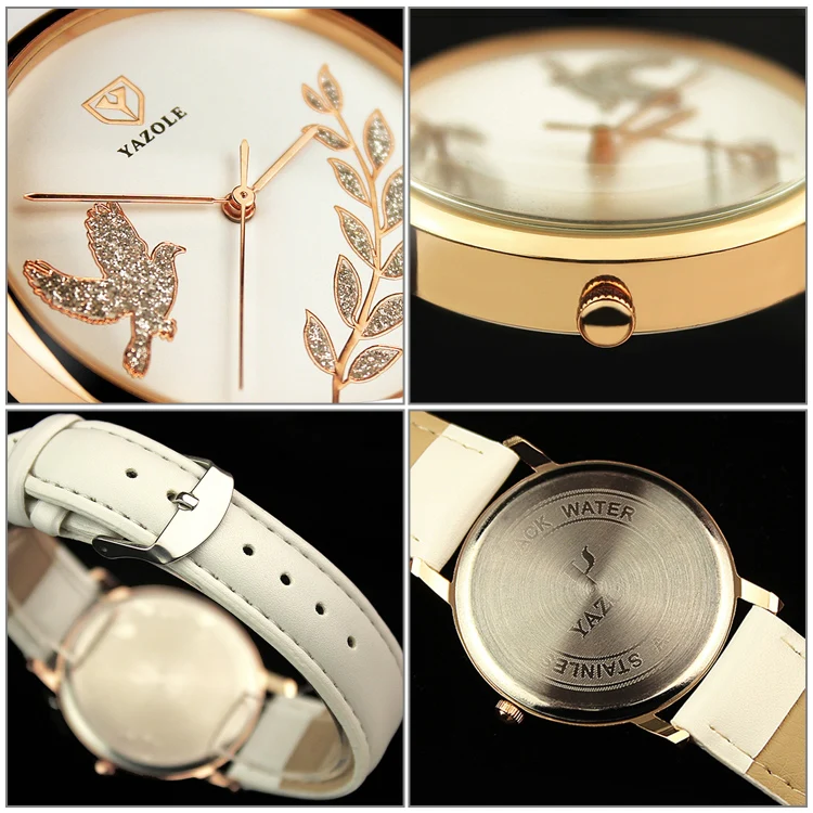 YAZOLE 360 Leather Band Dove of Peace Diamond Lady Watch(Black+White) - Image 5