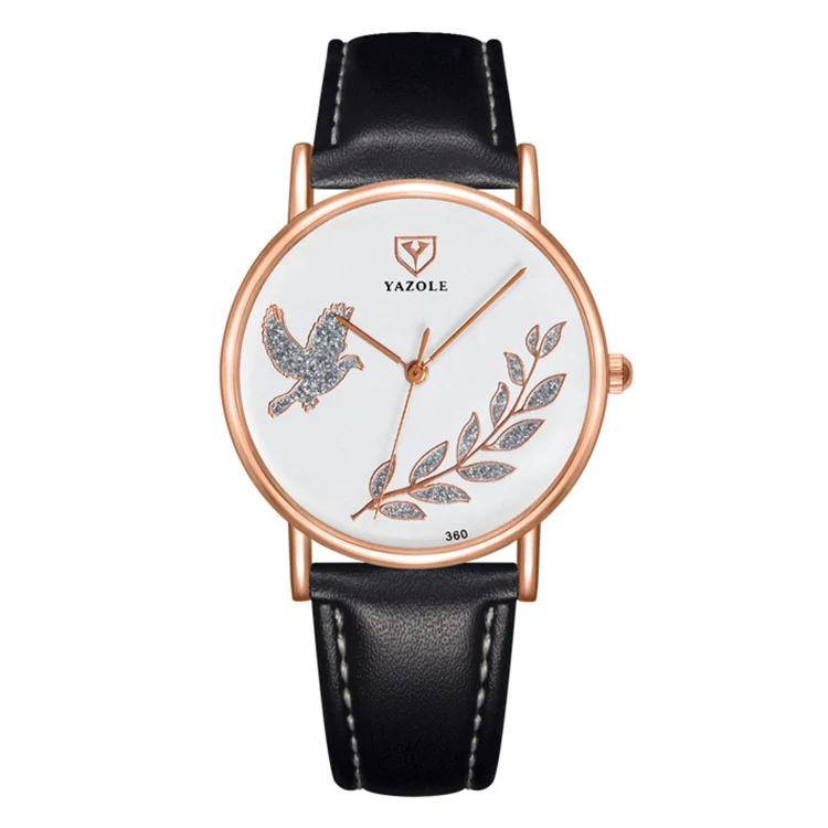 YAZOLE 360 Leather Band Dove of Peace Diamond Lady Watch(White+Black)