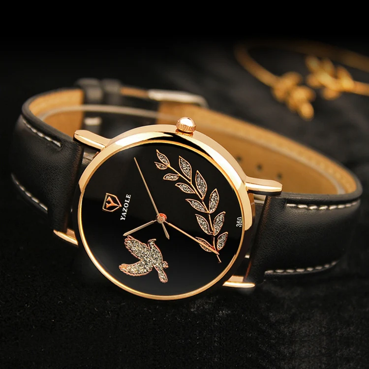 YAZOLE 360 Leather Band Dove of Peace Diamond Lady Watch(White+Black) - Image 2