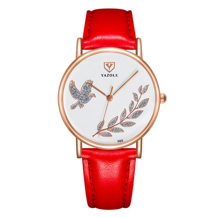 YAZOLE 360 Leather Band Dove of Peace Diamond Lady Watch(White+Red)