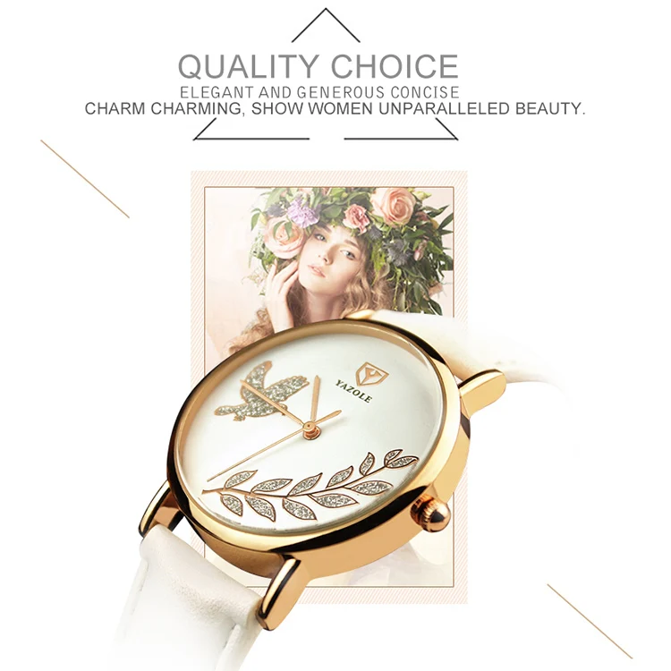 YAZOLE 360 Leather Band Dove of Peace Diamond Lady Watch(White+White) - Image 4