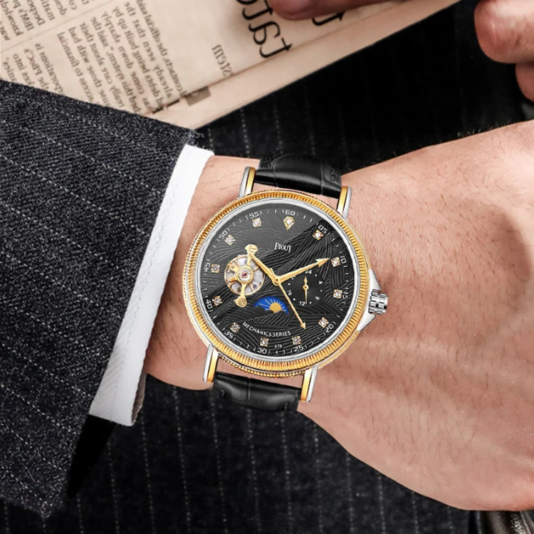 YAZOLE 379 Leather Band Large Dial Tourbillon Mechanical Watch(Black+Black) - Image 7