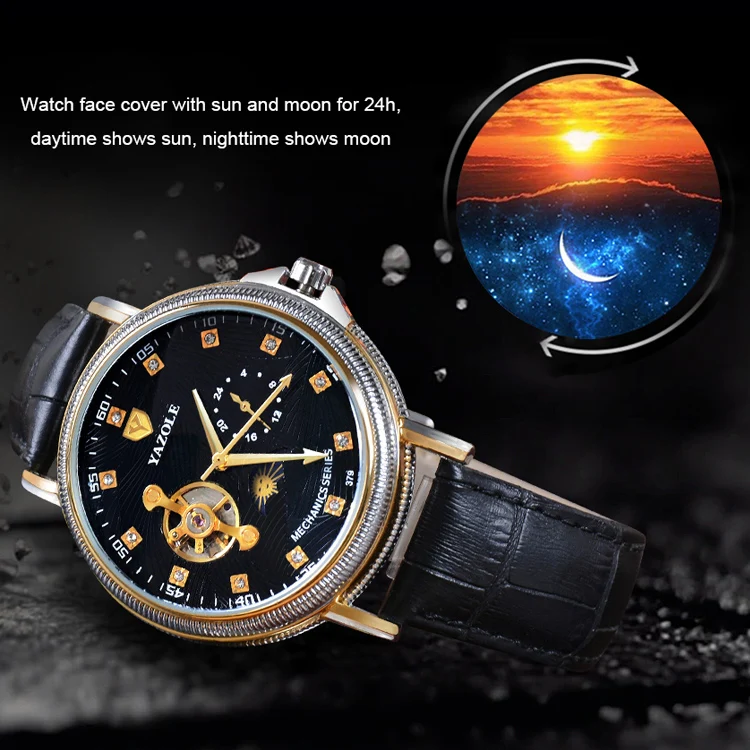 YAZOLE 379 Leather Band Large Dial Tourbillon Mechanical Watch(Black+Brown) - Image 4