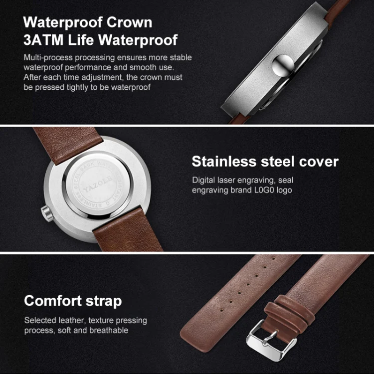 YAZOLE 520 Simple Dial Waterproof Quartz Movement Watch(Silver+Brown) - Image 6