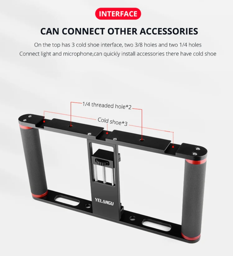 YELANGU PC05 YLG0909B Vlogging Live Broadcast Smartphone Metal Cage Video Rig Filmmaking Recording Handle Stabilizer Bracket for iPhone, Galaxy, Huawei, Xiaomi, HTC, LG, Google, and Other Smartphones(Black) - Image 5