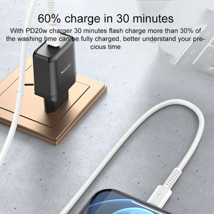 Yesido CA153 PD 20W USB-C / Type-C to 8 Pin Charging Data Cable, Length: 1m(White) - Image 4