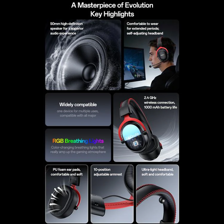 Yesido EK07 Three-mode E-sports Gaming RGB Headset, Color:Black - Image 4