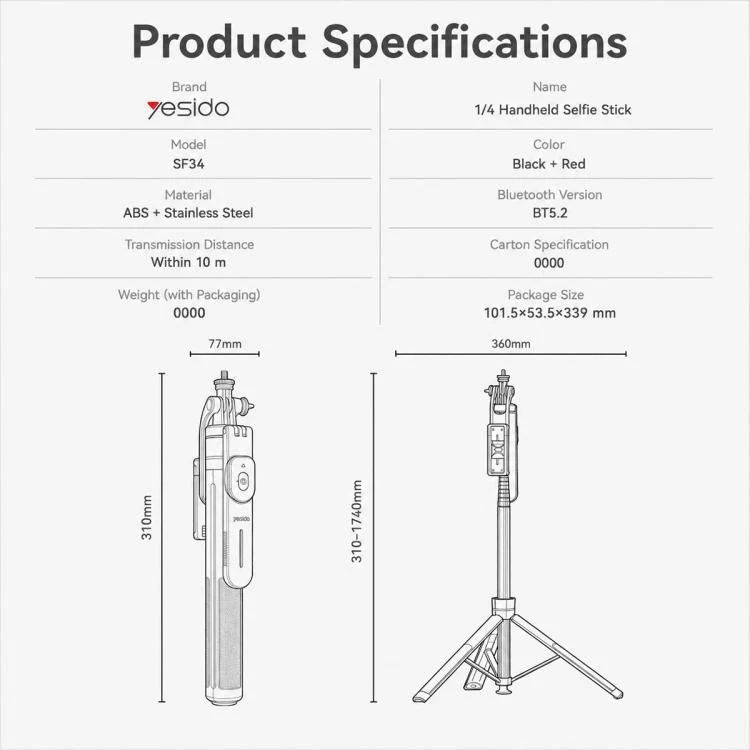 Yesido SF34 Auto Pop Open Tripod Selfie Stick with 1/4 Thread(Black) - Image 13