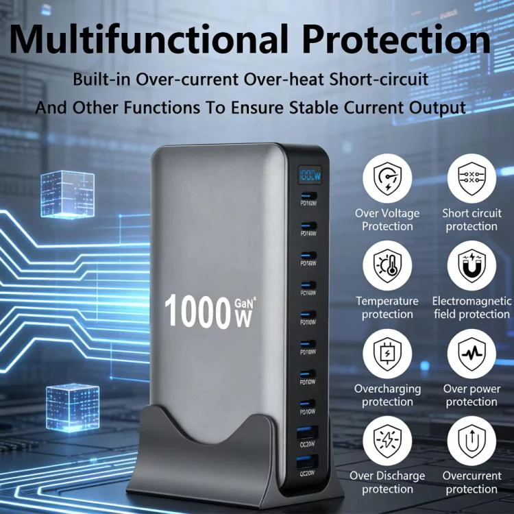 YMX-1000W 1000W 8 x Type-C Ports and 2 x USB 10 Ports Digital Display Multi-functional Charger(EU Plug) - Image 4
