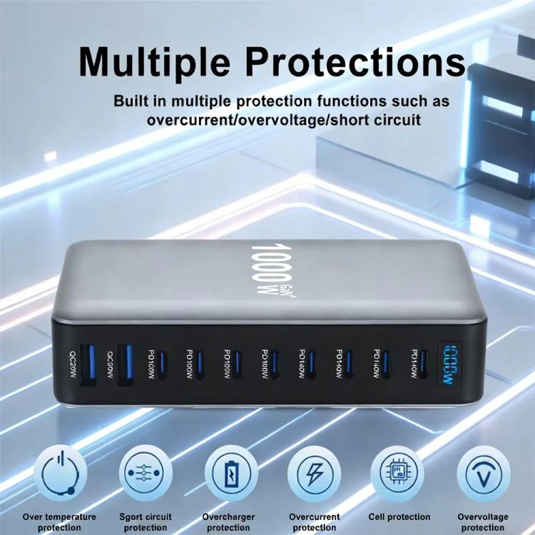 YMX-1000W 1000W 8 x Type-C Ports and 2 x USB 10 Ports Digital Display Multi-functional Charger(UK Plug) - Image 5