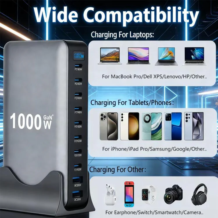 YMX-1000W 1000W 8 x Type-C Ports and 2 x USB 10 Ports Digital Display Multi-functional Charger(UK Plug) - Image 8
