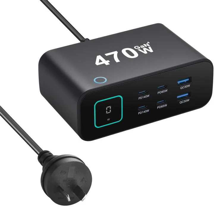 YMX-615-LCD470W 4xType-C and 2xUSB 470W GaN Multi-Function Charger, Plug:AU Plug(Black)