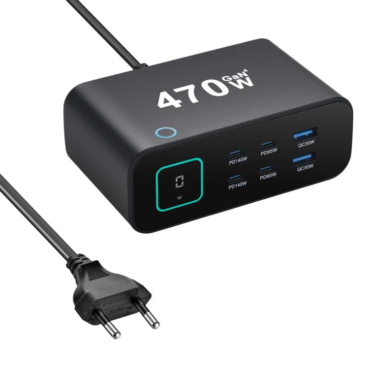 YMX-615-LCD470W 4xType-C and 2xUSB 470W GaN Multi-Function Charger, Plug:EU Plug(Black)