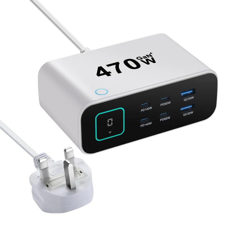 YMX-615-LCD470W 4xType-C and 2xUSB 470W GaN Multi-Function Charger, Plug:UK Plug(White)