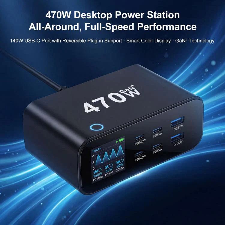 YMX-615-LCD470W 4xType-C and 2xUSB 470W GaN Multi-Function Charger, Plug:UK Plug(White) - Image 5