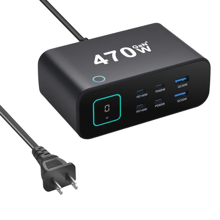 YMX-615-LCD470W 4xType-C and 2xUSB 470W GaN Multi-Function Charger, Plug:US Plug(Black)