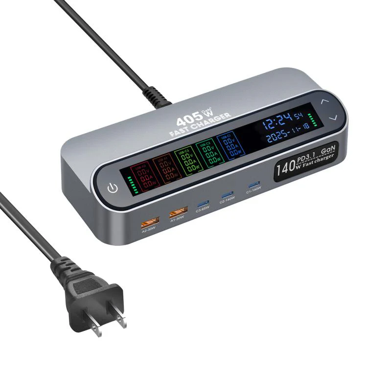 YMX-LCD405W 405W 3xType-C and 2xUSB GaN Smart Digital Display Multi-Function Charger(US Plug)