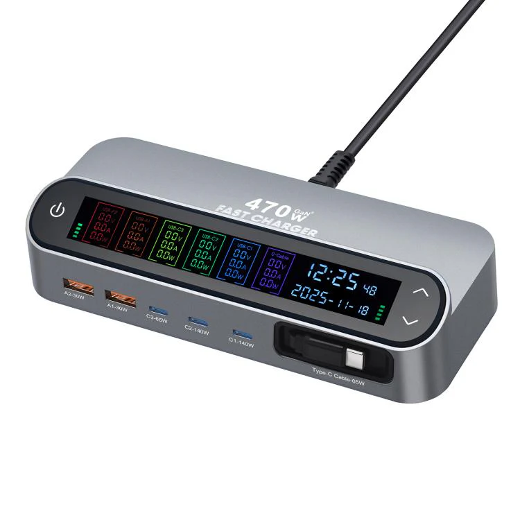 YMX-LCD470W 470W 3xType-C and 2xUSB GaN Smart Digital Display Multi-Function Charger with Type-C Retractable Cable(AU Plug) - Image 2