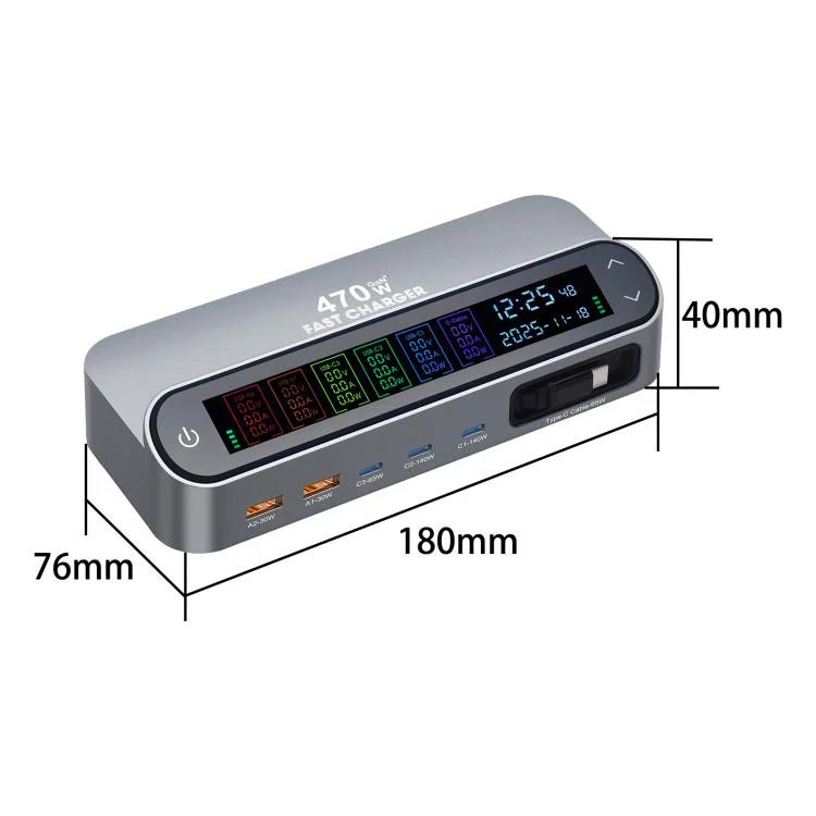 YMX-LCD470W 470W 3xType-C and 2xUSB GaN Smart Digital Display Multi-Function Charger with Type-C Retractable Cable(EU Plug) - Image 4