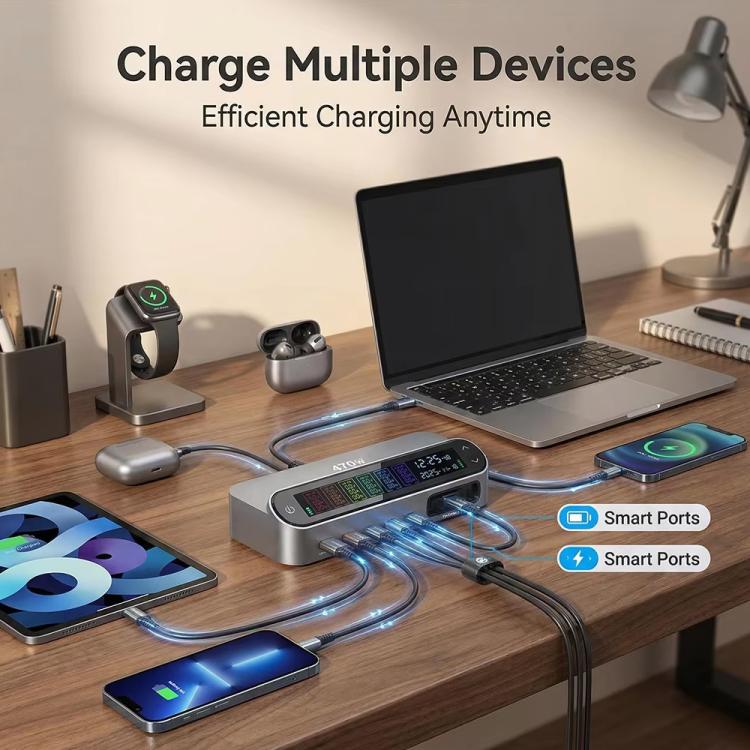 YMX-LCD470W 470W 3xType-C and 2xUSB GaN Smart Digital Display Multi-Function Charger with Type-C Retractable Cable(EU Plug) - Image 5