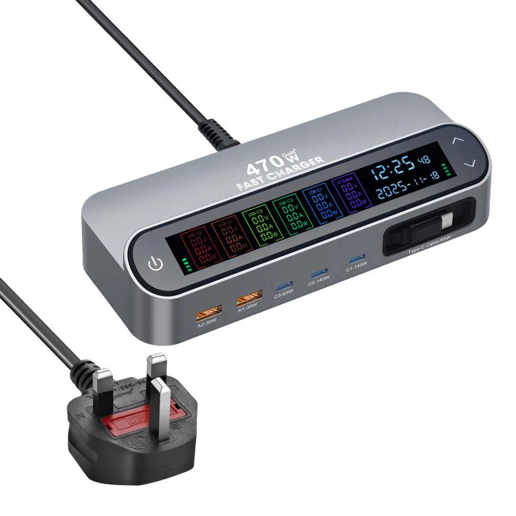 YMX-LCD470W 470W 3xType-C and 2xUSB GaN Smart Digital Display Multi-Function Charger with Type-C Retractable Cable(UK Plug)