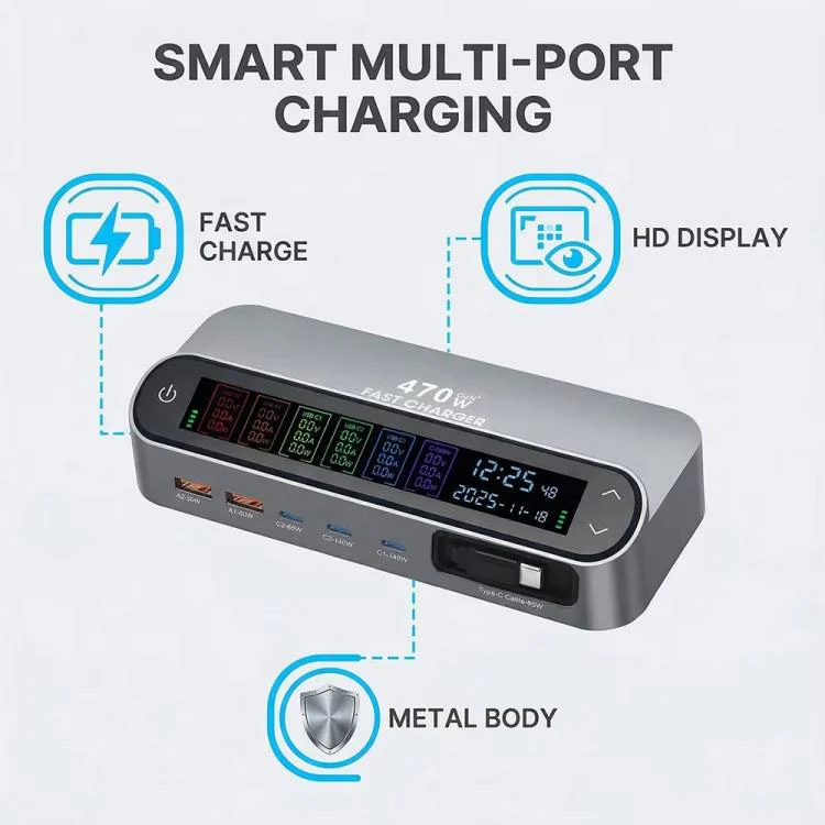 YMX-LCD470W 470W 3xType-C and 2xUSB GaN Smart Digital Display Multi-Function Charger with Type-C Retractable Cable(UK Plug) - Image 7