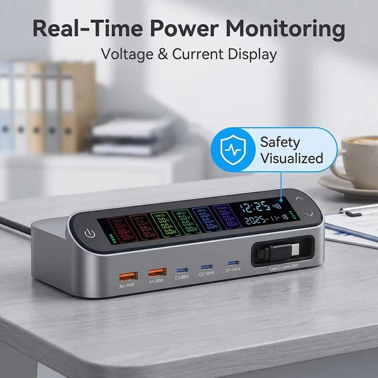 YMX-LCD470W 470W 3xType-C and 2xUSB GaN Smart Digital Display Multi-Function Charger with Type-C Retractable Cable(US Plug) - Image 6
